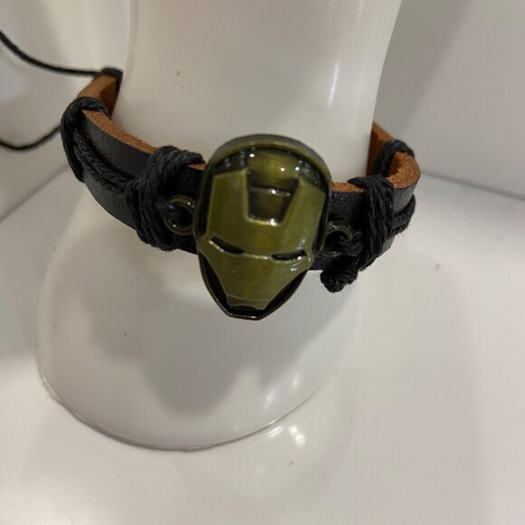 Iron Man style Leather Adjustable Bracelet With Black Cord & Metal Charm - Picture 1 of 10
